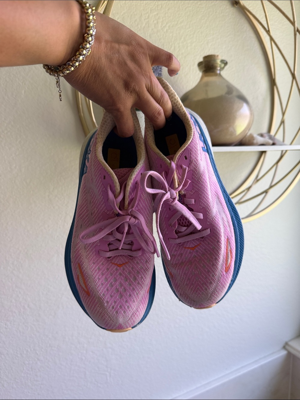 Hoka Clifton 9 Women's Pink Athletic Running Shoes with Blue Soles